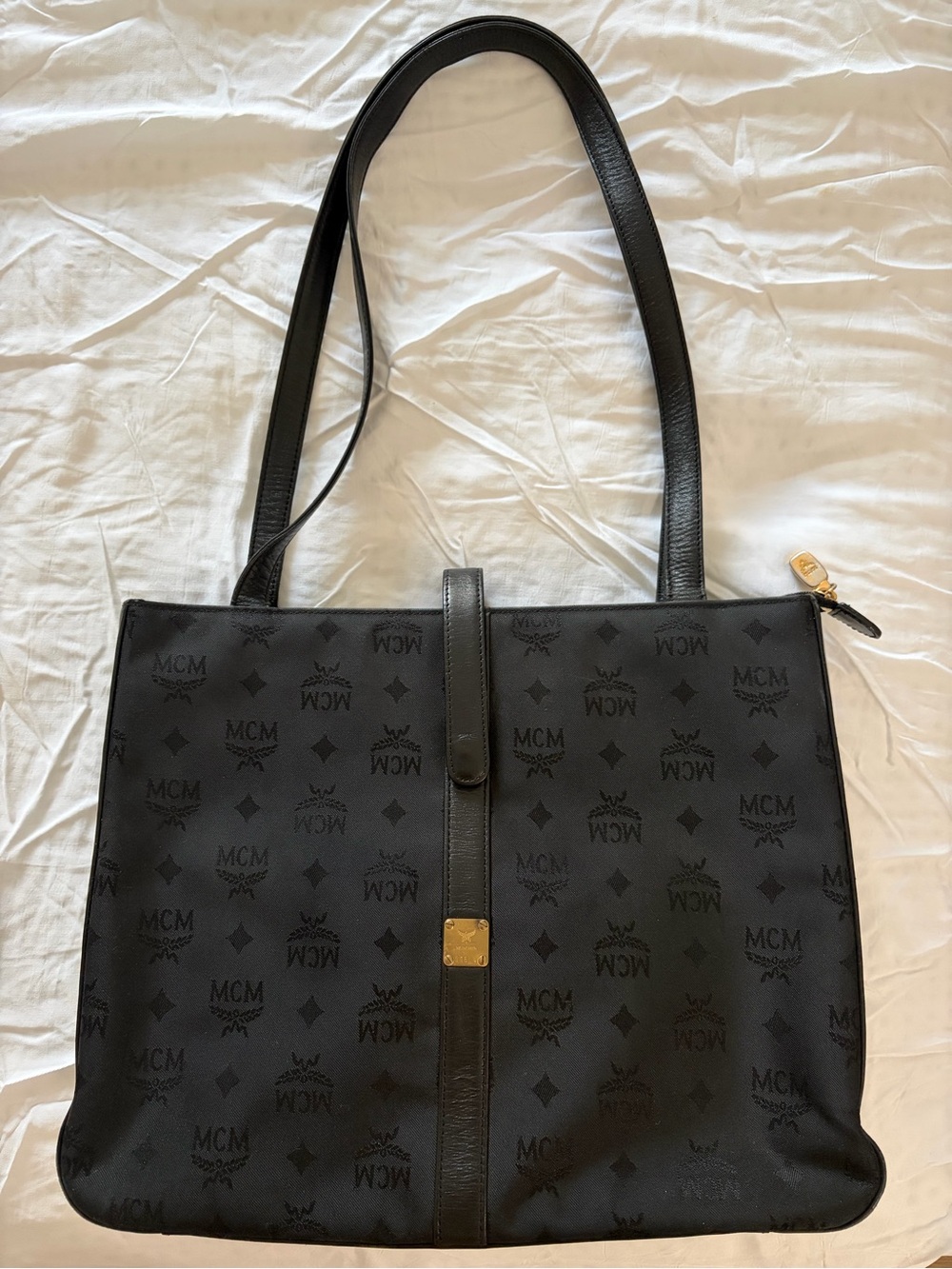 MCM Black Logo Jacquard Shoulder Tote with Gold Accent